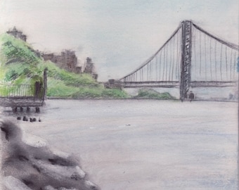 Rivière Hudson ci-dessus 214e St - Inwood - NYC - Manhattan - impression de pastel original et le dessin au crayon - 8 x 10 pouces - feutré
