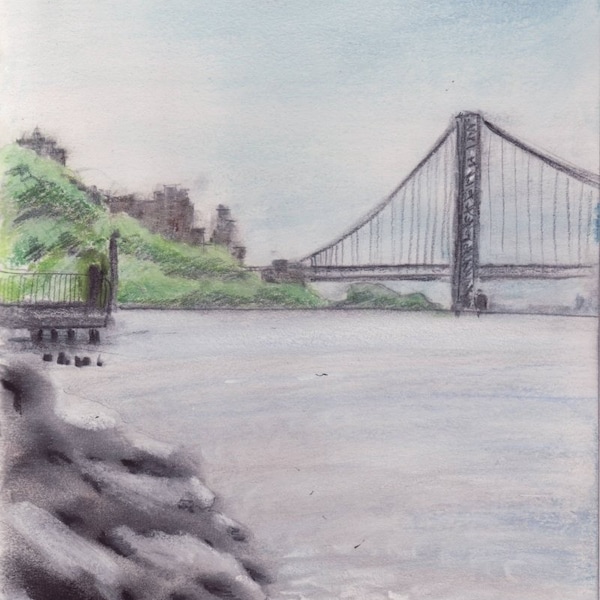 Hudson River above 214th St - Inwood - NYC - Manhattan - print of original pastel and pencil drawing - 8x10 inches - matted