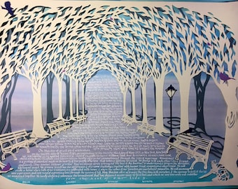 Central Park Wedding - Papercut ketubah multilayer - Hebrew English calligraphy