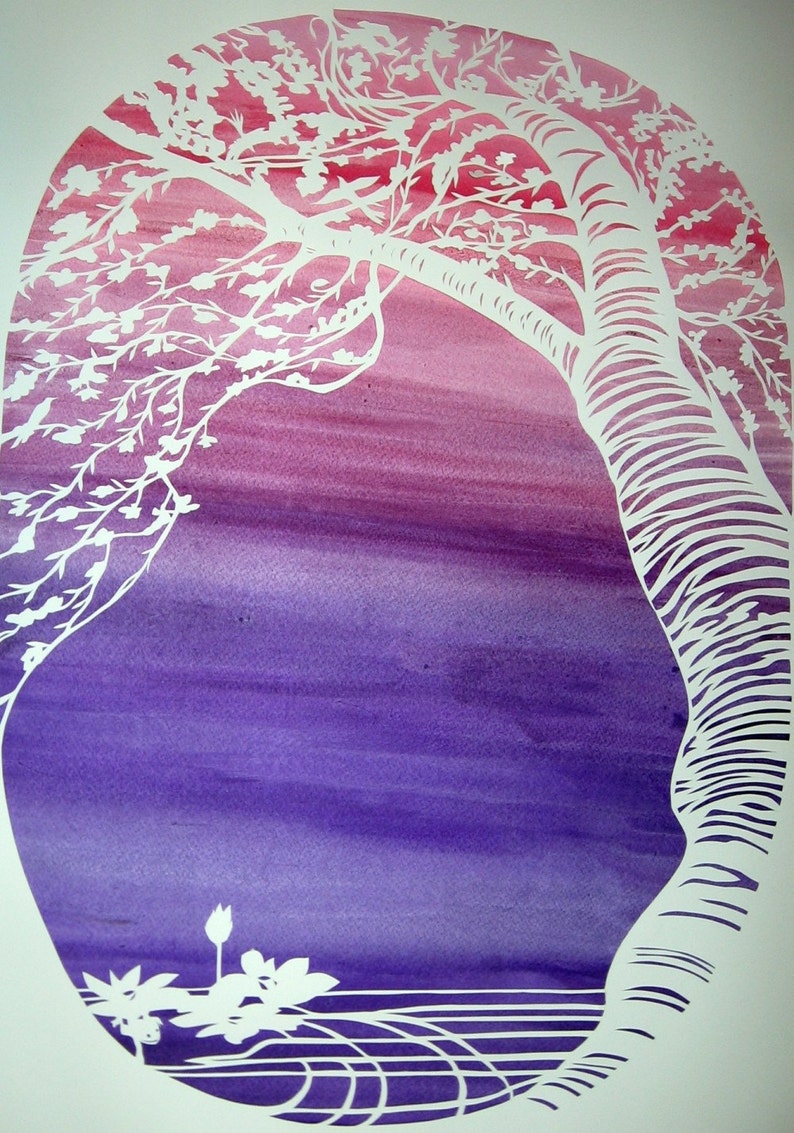 Cherry Tree and Lotus Ketubah handcut papercut on deep purple and rose background image 2