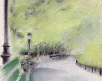 Inwood Hill Park walkway - New York City Parks pastel drawing - 8x10 inch matted print