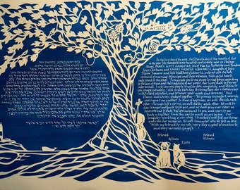 Lebensbaum mit Otis und Noisebucket - Papercut Ketubah - Kalligraphie von Hand - Aramäisch Englisch