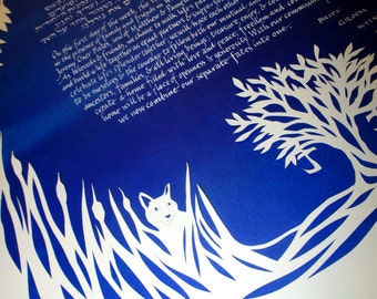 Cat in Grass Under Tree - Papercut Ketubah - Wedding Artwork