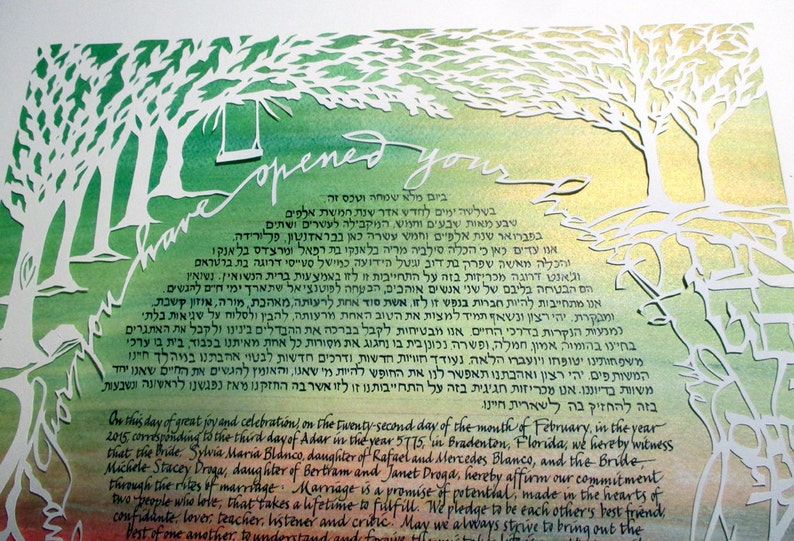 Four Seasons Ketubah papercut handmade hand lettered calligraphy Hebrew English image 2