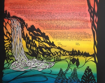 Snoqualmie Falls Papercut Ketubah - multilayer papercut wedding artwork - Hebrew and English hand lettering