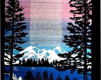 Berg-See-Sonnenuntergang - mit Baum Silhouetten - Murmeltier im Vordergrund - Papercut Ketubah mit Kalligraphie