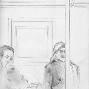 Puede incluir: Un boceto a lápiz en blanco y negro de dos personas sentadas en una habitación. La persona de la izquierda mira hacia abajo y la persona de la derecha mira hacia un lado. El dibujo está en una hoja de papel blanca.