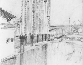 NYC - Bronx from Swindler Cove - high rise apartments - waterways - print of original pencil sketch