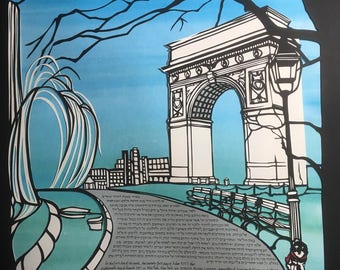 Vinter på Washington Square med valvgång och fontän - flerskiktad pappersutskuren ketubah - handskrift