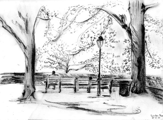 Linden Terrasse Ft Tryon Parc Crayon Et Dessin Au Fusain Impression De Croquis Original