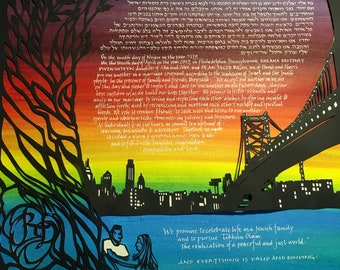Philadelphias skyline, livets träd, pappersutklippt ketubah: Solnedgångens färger, Ben Franklin-bron