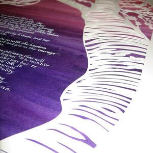 Cherry Tree and Lotus Ketubah handcut papercut on deep purple and rose background image 4