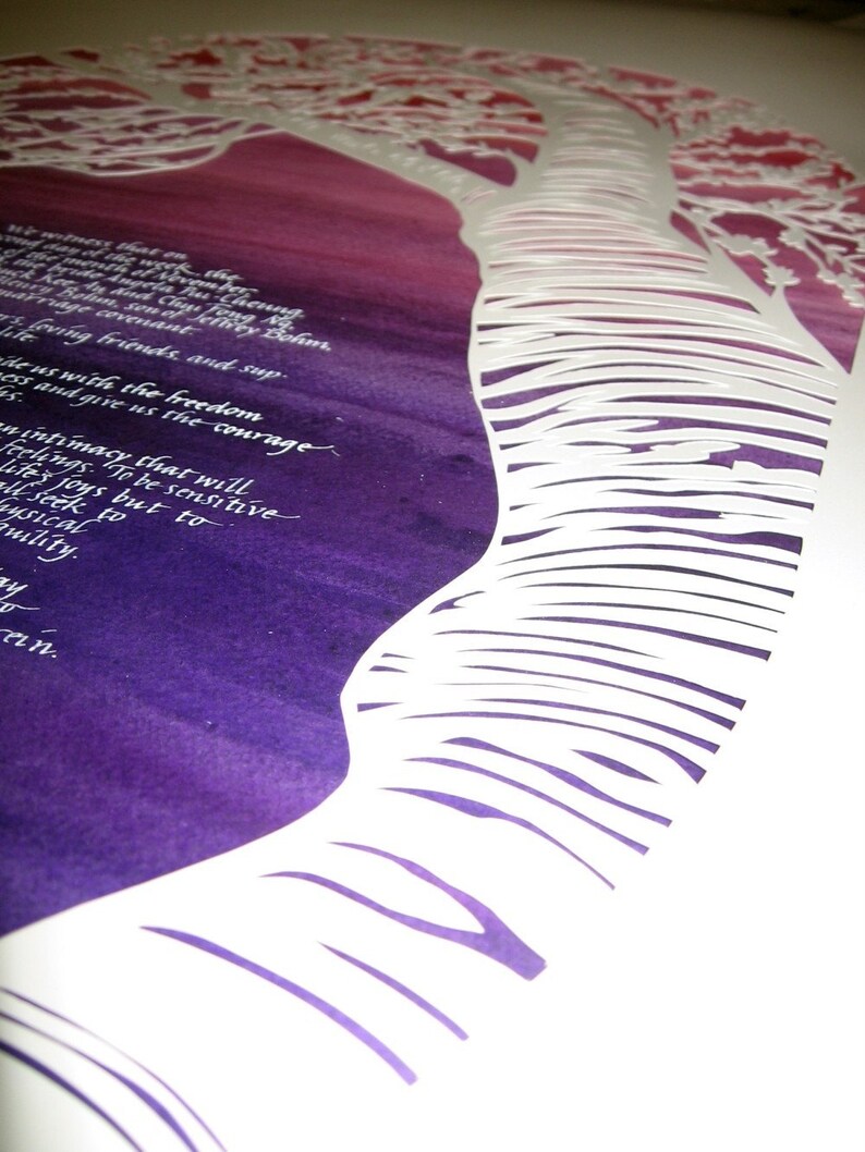 Cherry Tree and Lotus Ketubah handcut papercut on deep purple and rose background image 4