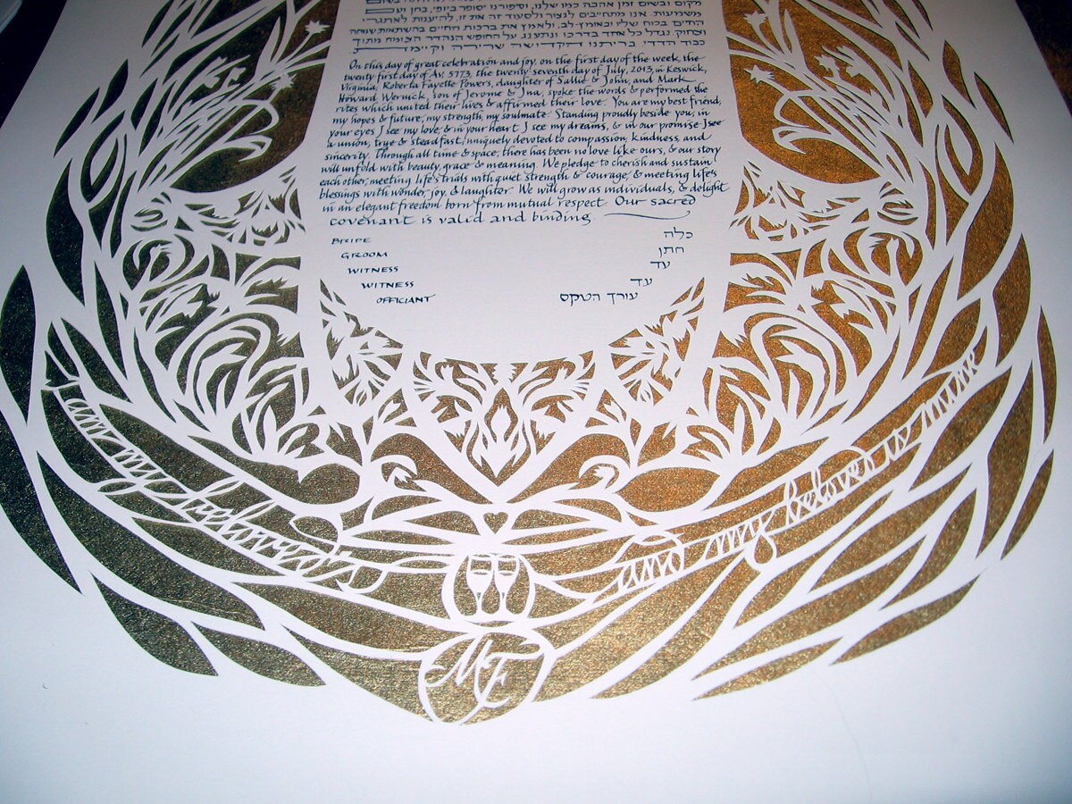 Traditional Hamsa Papercut Ketubah - intricate papercut design on gold with custom Hebrew and English calligraphy