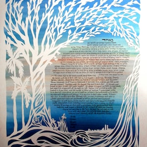 May include: A blue and white paper cut art piece with a tree and text in Hebrew and English. The text reads "We witness that on the twenty-seventh day of Nisan 5774, the twenty-sixth day of April 2014, here in Los Angeles, California, the bride, Beverly Miriam Sanchez, daughter of Detra Low Duarte & Salvador Sanchez and the groom, Thomas Maldonade, son of Francisco Maldonades & Mercedes Nove, entered into this sacred marriage covenant. Standing under the chuppah they said to each other: As beloveds and partners, friends we chose to walk life's path together..."