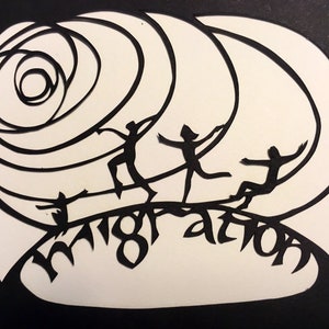Migration - feiern Sie es! Kleine Postkarte Papercut Design von Hand geschnitten schwarz und weiß