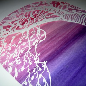 Cherry Tree and Lotus Ketubah handcut papercut on deep purple and rose background image 1