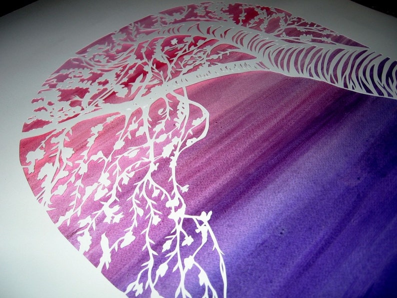 Cherry Tree and Lotus Ketubah handcut papercut on deep purple and rose background image 1