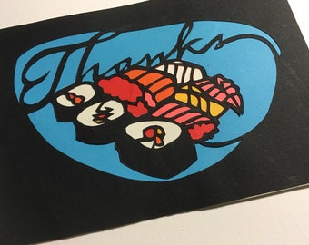 Thank You Card Gift - Papercut Artwork Cute Sushi Design - 4x6 inches