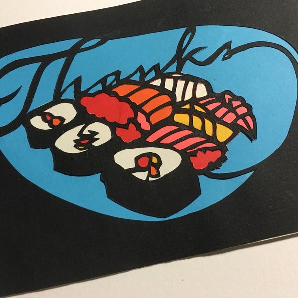 Thank You Card Gift - Papercut Artwork Cute Sushi Design - 4x6 inches