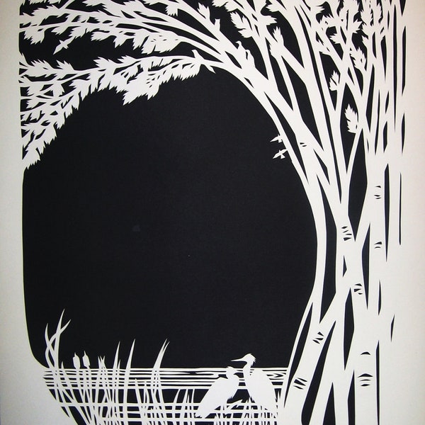 Papercut Artwork - Birches and Birds