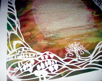 Papercut Ketubah - Fall Colors - custom Hebrew calligraphy and hand cut papercutting