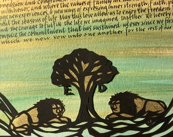 Sunset Lions and Mountains Silhouette Papercut Ketubah