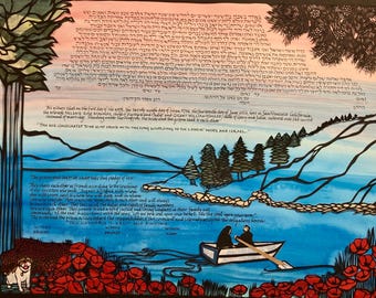 Tahoe Lake Dusk Papercut Ketubah - handcut multilayer artwork - Hebrew and English calligraphy