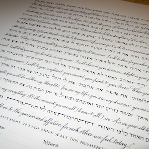 Ketubahtext arameisk och engelsk bokstäver i svart med gyllene initialer