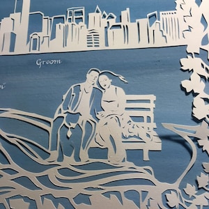 Ketubah con el horizonte de Nueva York y Zoey: Ketubah de papel cortado con letras hechas a mano