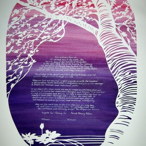 Cherry Tree and Lotus Ketubah handcut papercut on deep purple and rose background image 3