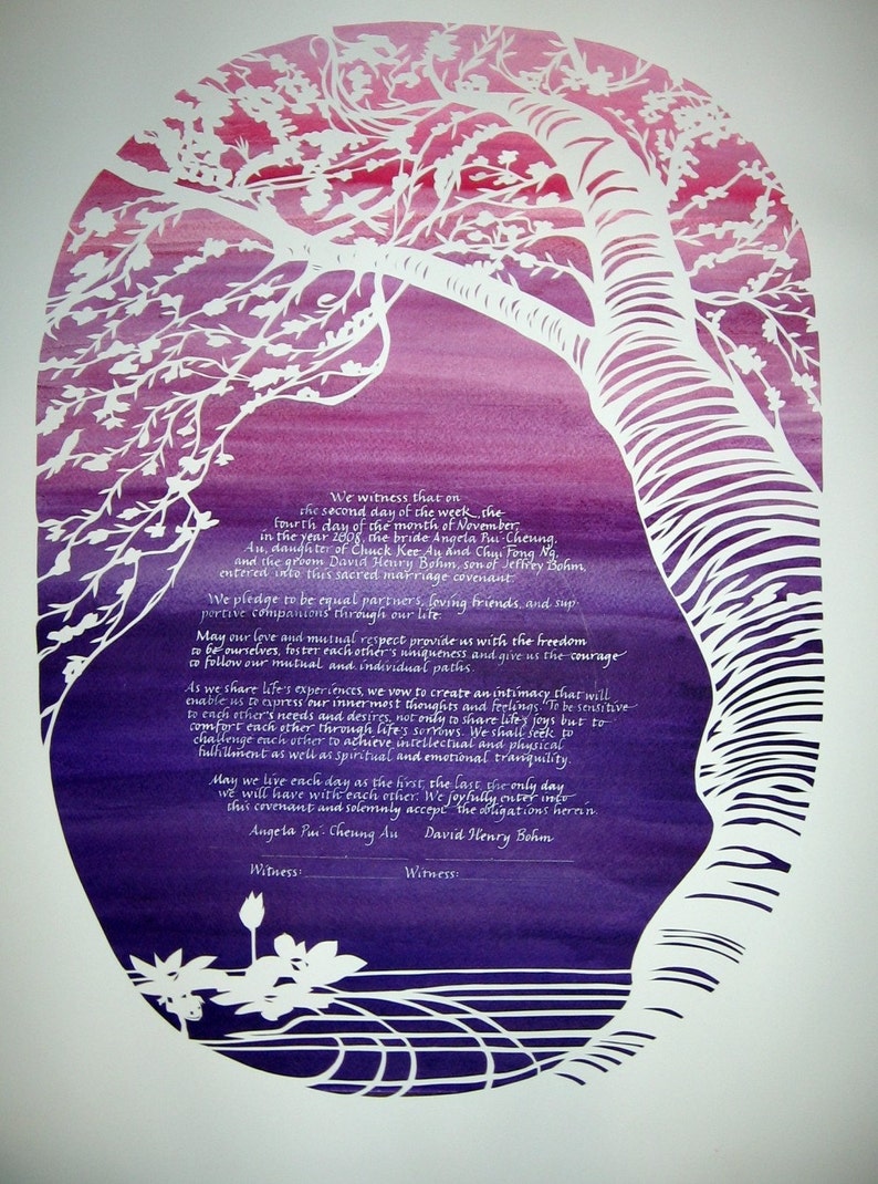 Cherry Tree and Lotus Ketubah handcut papercut on deep purple and rose background image 3