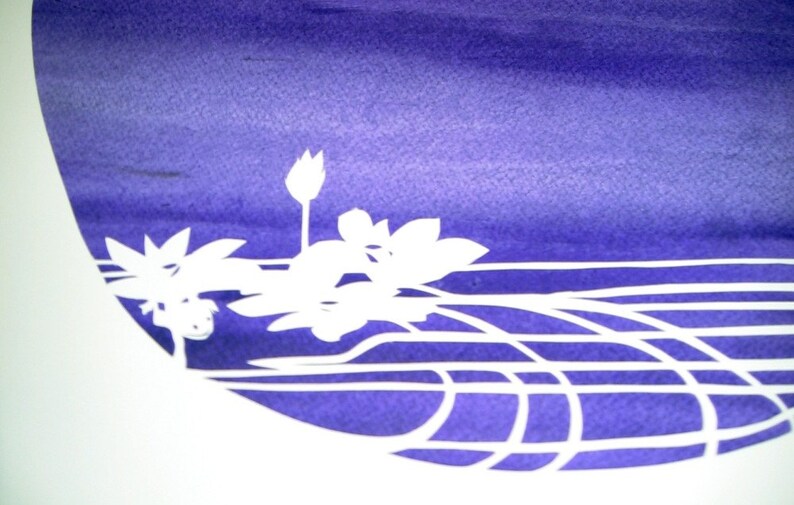 Cherry Tree and Lotus Ketubah handcut papercut on deep purple and rose background image 5