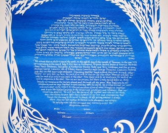 Waterfall Leaves and Waves Ketubah - You and I will change the world - custom calligraphy Hebrew English