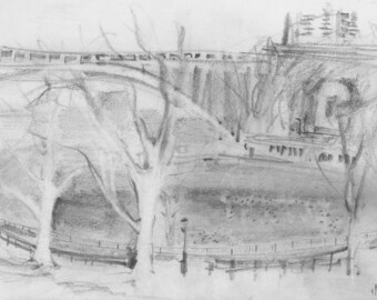 Inwood Hill parc vue sur le lac - NYC - Alto Manhattan - 8 x 10 imprimer du dessin original