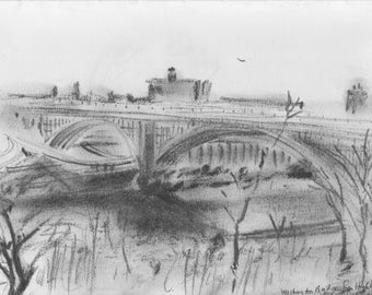 Washington Bridge NYC - print of original pencil sketch - from Highbridge Park