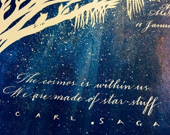 Star stuff - cosmic birth celebration art - frameable papercut gift - calligraphy