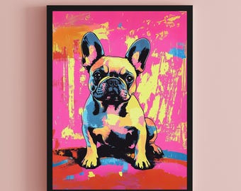 Franse bulldog moderne kunstprint, levendig muurdecor voor hondenliefhebbers, kleurrijk en modern interieur en muurkunst
