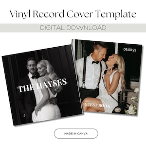 May include: A black and white wedding photo of a couple with the text "THE HAYES" in white. The second image is a color photo of a couple with the text "GUEST BOOK" and the date "09.09.23". Both images are set in a vinyl record cover template.