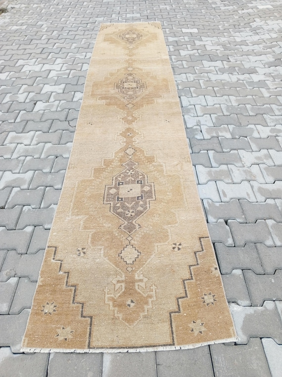 Vintage Beige Turkish Runner Rug, Distressed Oushak Hallway Carpet, Boho Wool (2.8x12.9 ft)