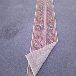 Skinny Vintage Turkish Runner Rug: 2x9 Oushak Stair Carpet