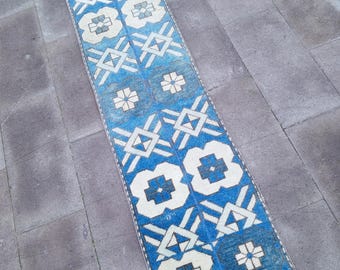 2x6 Rug, Blue Soft Runner Rug, Vintage Runner Rug, Small Oushak Runner Rug, 2x7 Persian Rug, Handmade Wool Runner Rug,Design Rug, 1.8x6.6 Ft