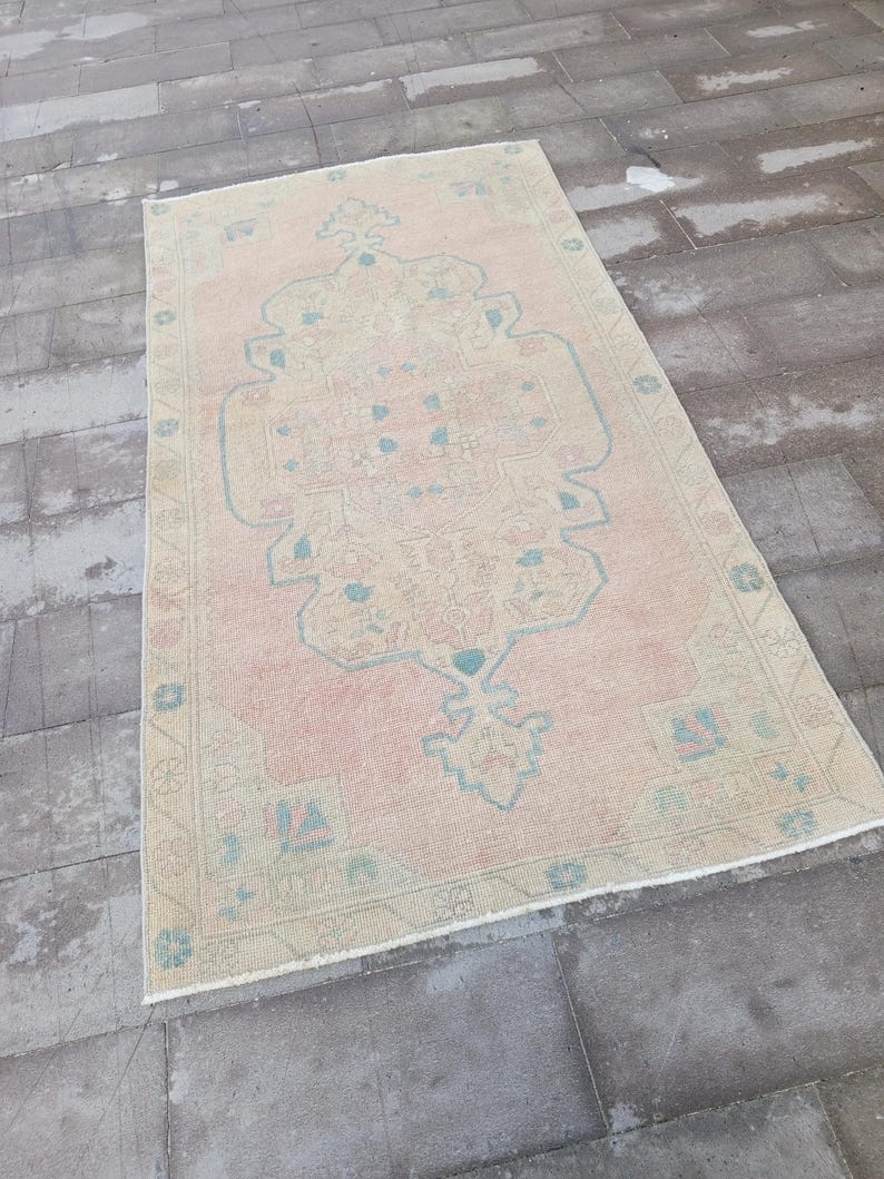Pastel Patterned Rug Muted Pastel Pink Area Rug 4x8, Ft Soft Blue Oushak Rug, Vintage ...