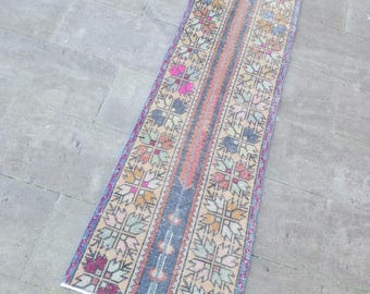 Vintage Turkish Runner Rug: Handwoven Wool Flowers Carpet (1.9x5.8 Ft)