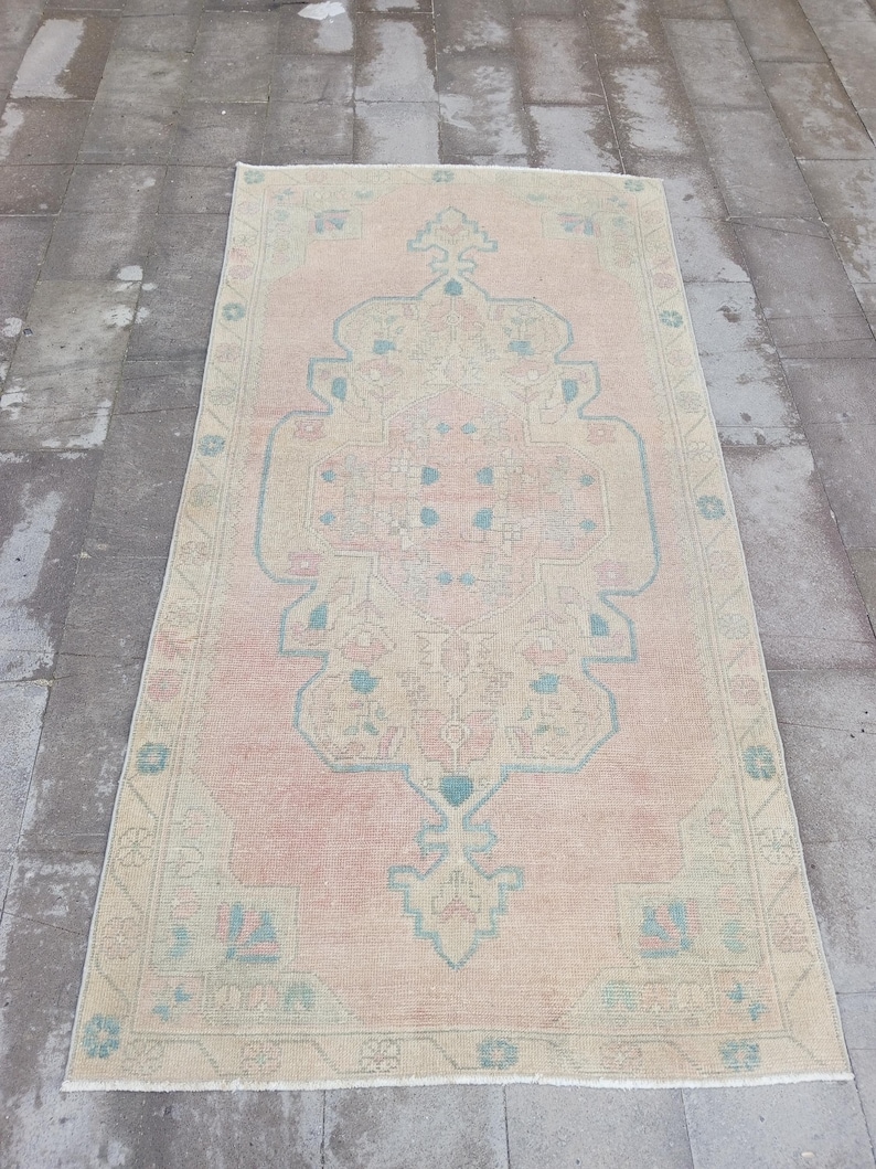 Pastel Patterned Rug Muted Pastel Pink Area Rug 4x8, Ft Soft Blue Oushak Rug, Vintage ...