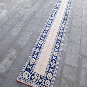 2x12 Navy Blue Vintage Runner Rug, Extra Long Narrow Hallway Runner, Soft Cream Anatolian Rug, Kitchen Stair Runner 58x360 cm