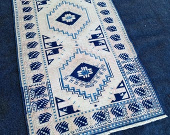 3x5 Handmade Blue Beige Pink Vintage Rug, 3x5 Area Turkish Rug Oushak Neatrul Bathroom Living Room Kitchen Bedroom Entryway Rug 3x4.5 ft