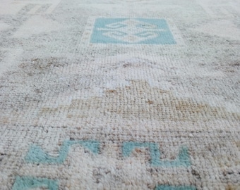 4x12 Neutral Vintage Beige Blue Antique Authentic Runner, Wool Hand Made Rug, Oushak Turkish Rug, 4x12 Entry Rustic Hallway Rug, 3.9x11.9 Ft