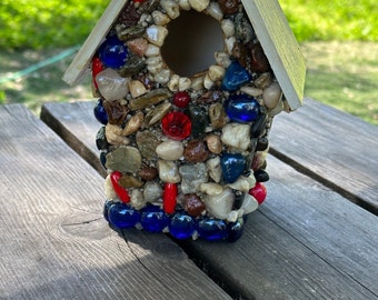 Stone Birdhouse in Red White Blue  Patriotic Mosaic Birdhouse  Red Beads Blue Stones Polished Agates