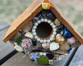 Hanging Stone Birdhouse with Pearls Sea Shells Starfish Colorful Agates River Rocks and Octopus